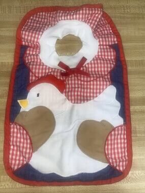 VINTAGE Red White Gingham Chicken Baby Bib Embroidery Pullover